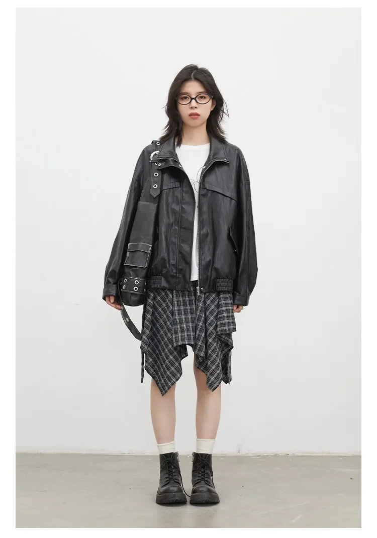 CHIC VEN Women Faux Leather Jackets Vintage Casual Solid Loose Stand Up Collar Coats Girl PU Clothes Spring Autumn New 2026