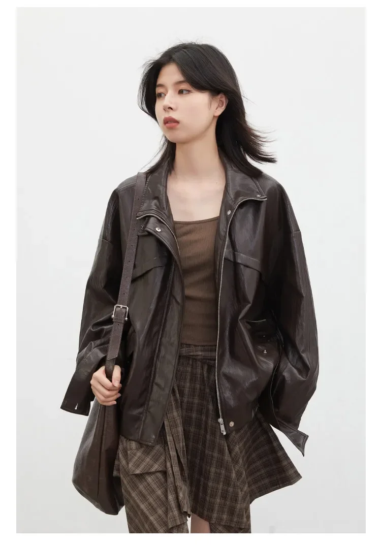 CHIC VEN Women Faux Leather Jackets Vintage Casual Solid Loose Stand Up Collar Coats Girl PU Clothes Spring Autumn New 2026