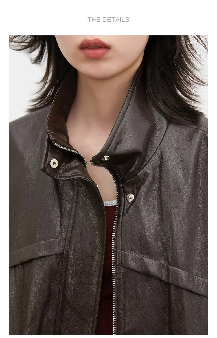 CHIC VEN Women Faux Leather Jackets Vintage Casual Solid Loose Stand Up Collar Coats Girl PU Clothes Spring Autumn New 2026