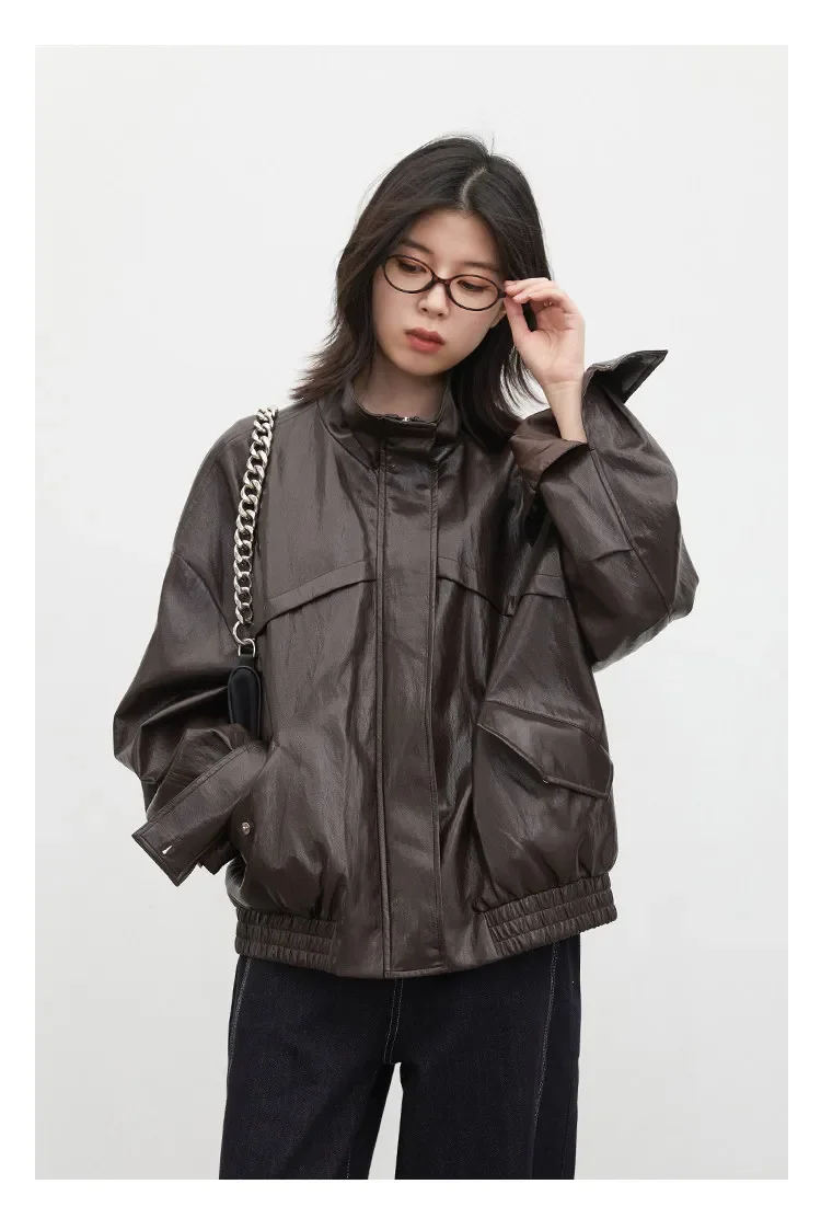CHIC VEN Women Faux Leather Jackets Vintage Casual Solid Loose Stand Up Collar Coats Girl PU Clothes Spring Autumn New 2026