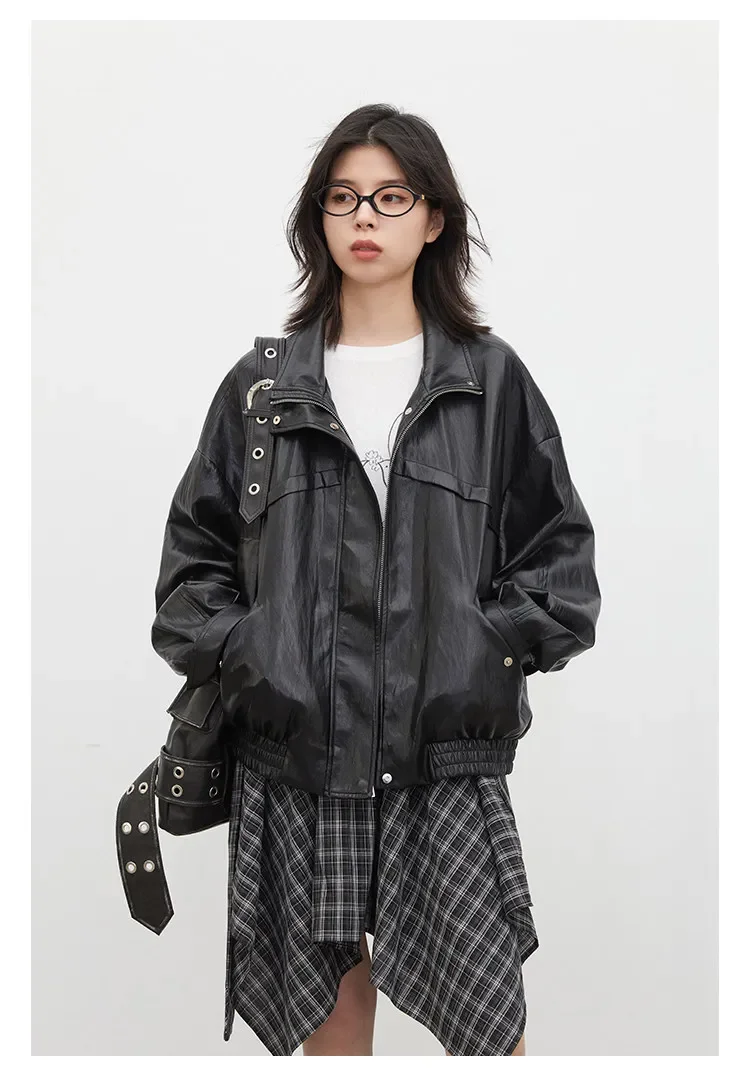 CHIC VEN Women Faux Leather Jackets Vintage Casual Solid Loose Stand Up Collar Coats Girl PU Clothes Spring Autumn New 2026