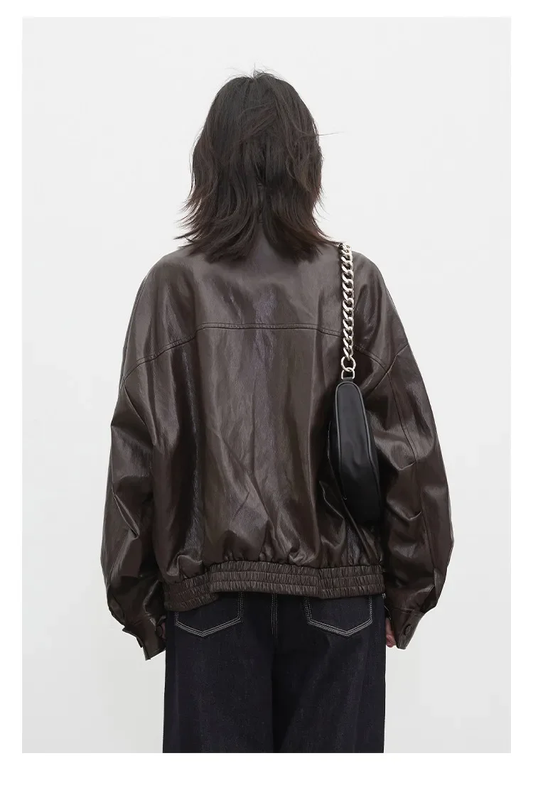 CHIC VEN Women Faux Leather Jackets Vintage Casual Solid Loose Stand Up Collar Coats Girl PU Clothes Spring Autumn New 2026