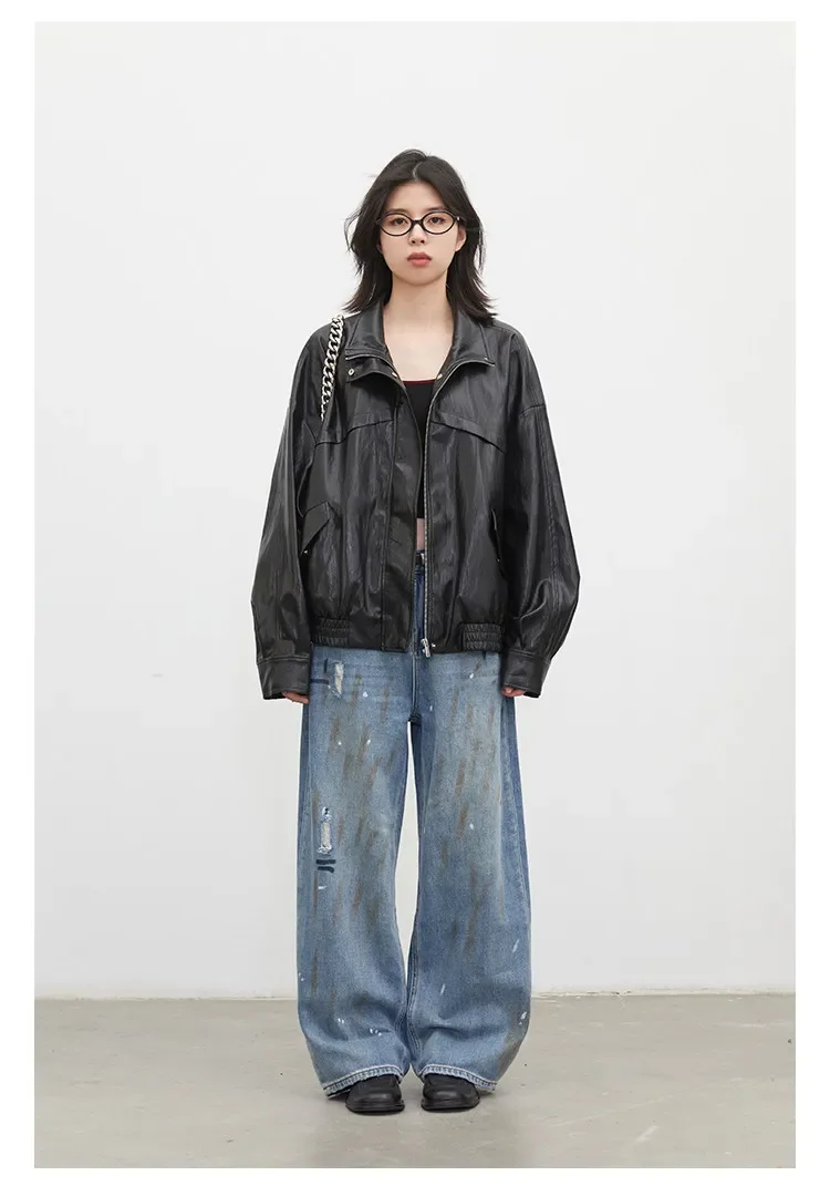 CHIC VEN Women Faux Leather Jackets Vintage Casual Solid Loose Stand Up Collar Coats Girl PU Clothes Spring Autumn New 2026