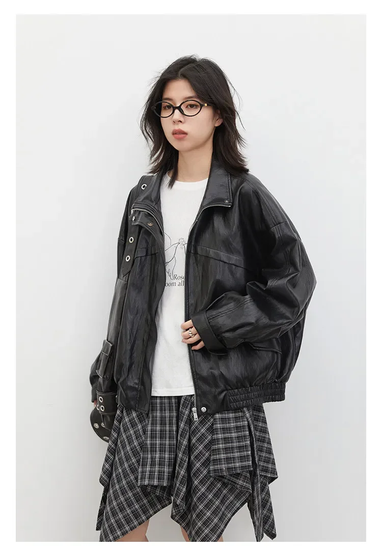 CHIC VEN Women Faux Leather Jackets Vintage Casual Solid Loose Stand Up Collar Coats Girl PU Clothes Spring Autumn New 2026