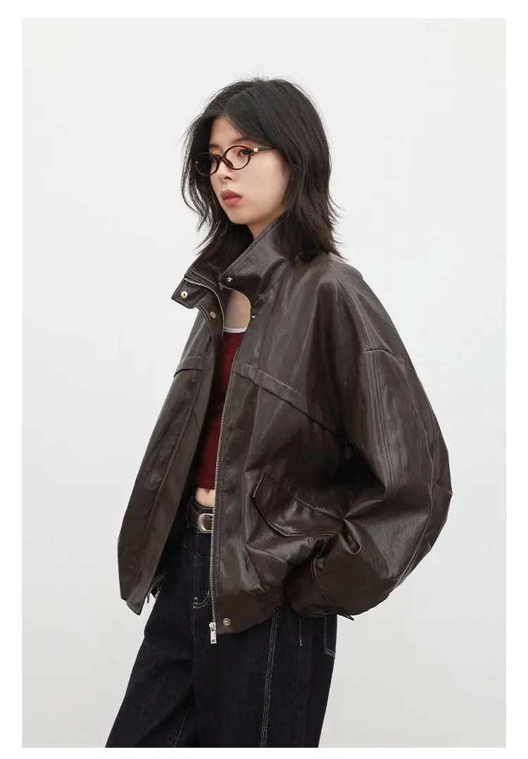 CHIC VEN Women Faux Leather Jackets Vintage Casual Solid Loose Stand Up Collar Coats Girl PU Clothes Spring Autumn New 2026