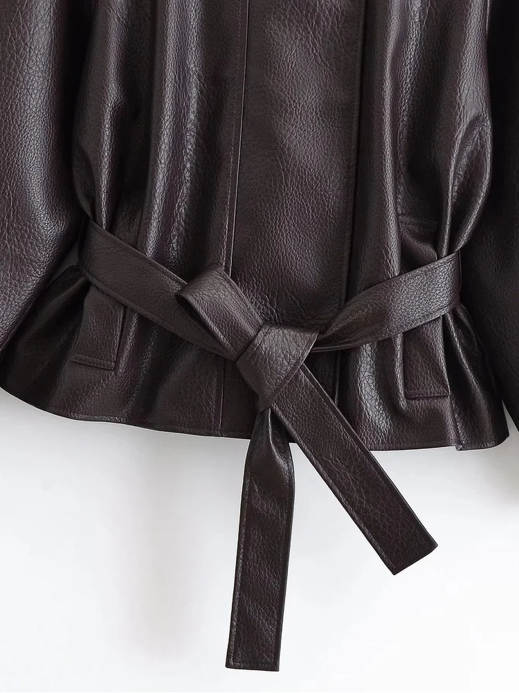 AACHOAE Women Faux Leather Jacket Belted Waist Oversized PU Leather Coat Long Sleeve Loose Chic Autumn Winter Fashion Outerwear