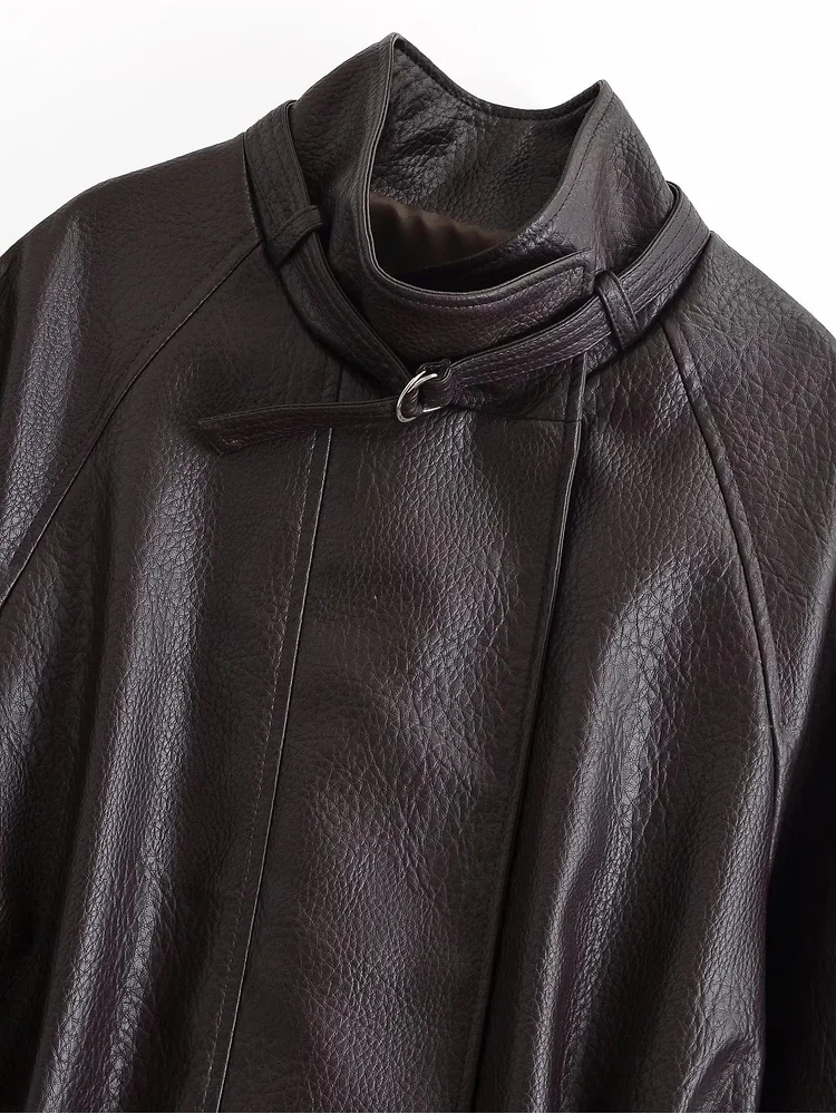 AACHOAE Women Faux Leather Jacket Belted Waist Oversized PU Leather Coat Long Sleeve Loose Chic Autumn Winter Fashion Outerwear