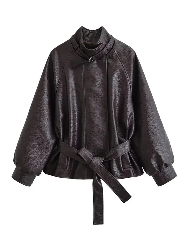 AACHOAE Women Faux Leather Jacket Belted Waist Oversized PU Leather Coat Long Sleeve Loose Chic Autumn Winter Fashion Outerwear