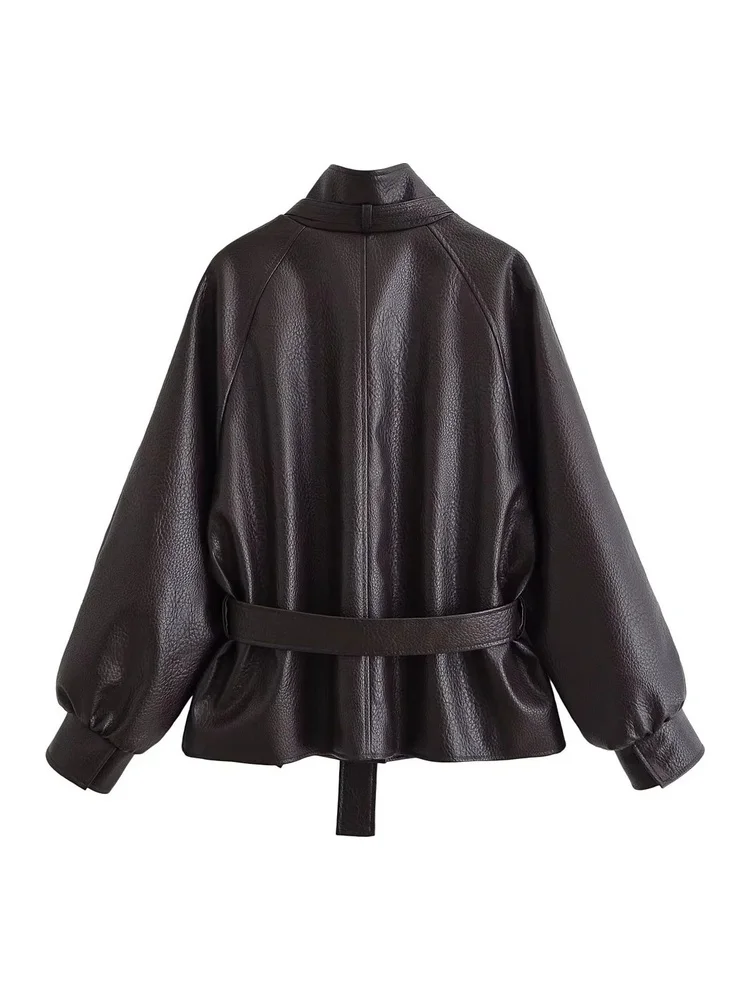 AACHOAE Women Faux Leather Jacket Belted Waist Oversized PU Leather Coat Long Sleeve Loose Chic Autumn Winter Fashion Outerwear