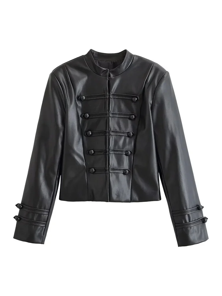 AACHOAE Women Faux Leather Jacket PU Military Button Stand Collar Zip Up Slim Short Coat Streetwear Autumn Winter Outerwear