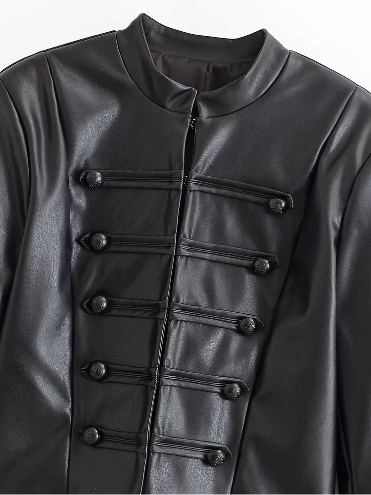 AACHOAE Women Faux Leather Jacket PU Military Button Stand Collar Zip Up Slim Short Coat Streetwear Autumn Winter Outerwear