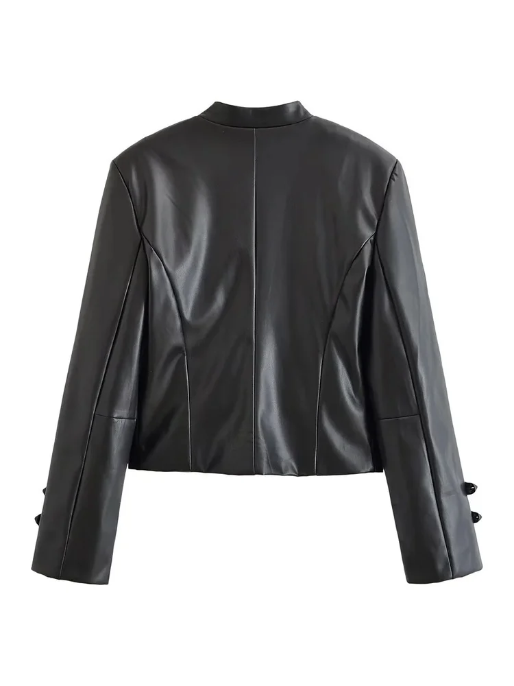 AACHOAE Women Faux Leather Jacket PU Military Button Stand Collar Zip Up Slim Short Coat Streetwear Autumn Winter Outerwear