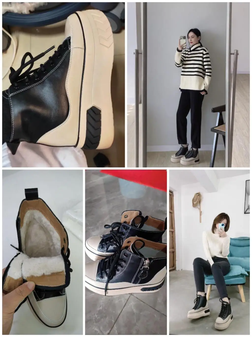 High Top Women Shoes Genuine leather 8cm Platform Boots Wedge Hidden Heel Zip Spring Autumn Warm Fur Winter Shoes Sneakers