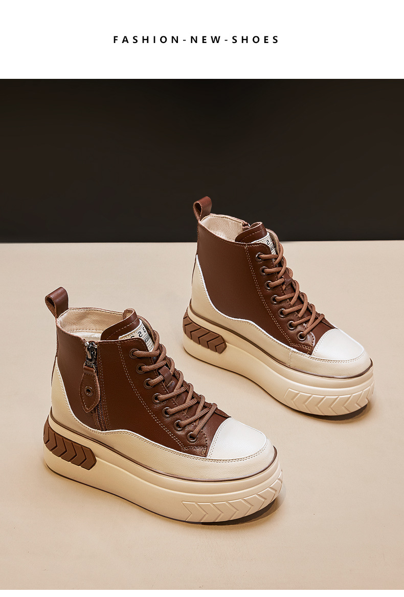 High Top Women Shoes Genuine leather 8cm Platform Boots Wedge Hidden Heel Zip Spring Autumn Warm Fur Winter Shoes Sneakers