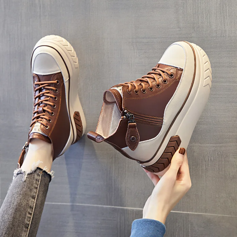 High Top Women Shoes Genuine leather 8cm Platform Boots Wedge Hidden Heel Zip Spring Autumn Warm Fur Winter Shoes Sneakers