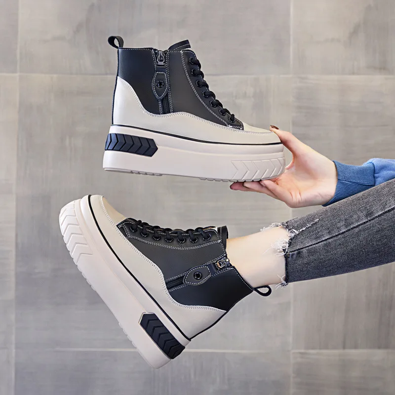 High Top Women Shoes Genuine leather 8cm Platform Boots Wedge Hidden Heel Zip Spring Autumn Warm Fur Winter Shoes Sneakers