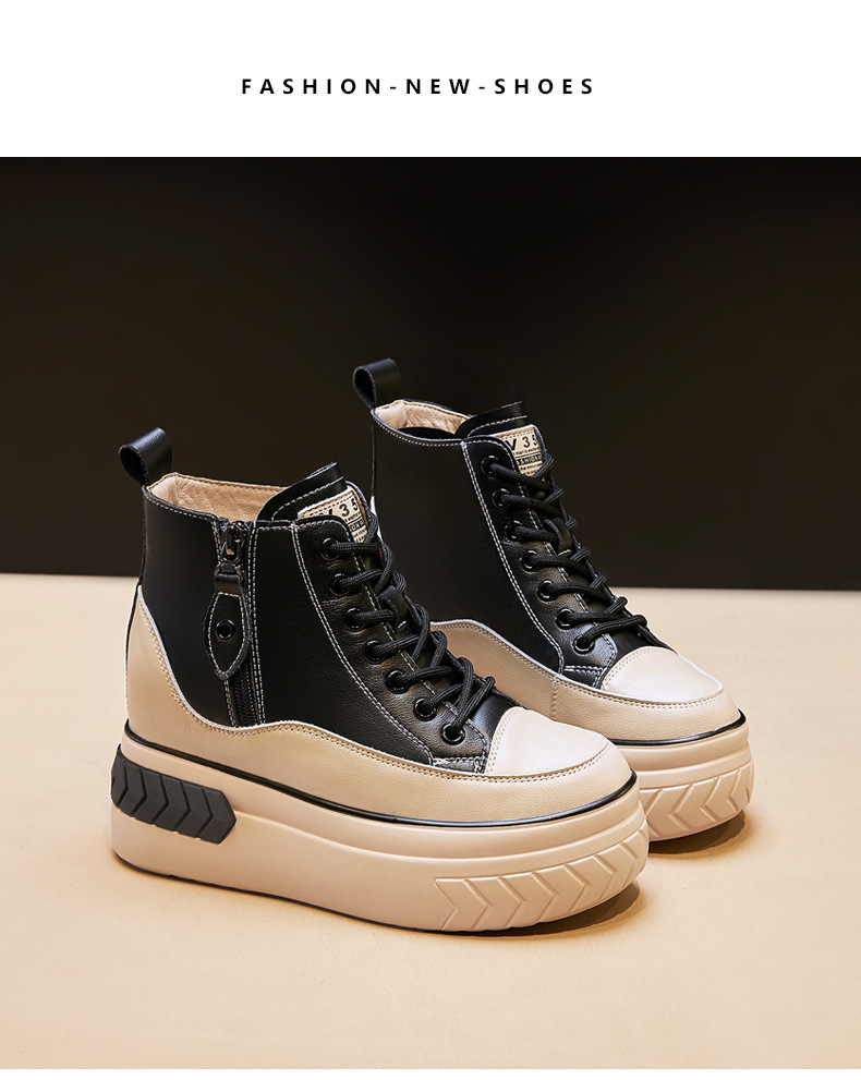 High Top Women Shoes Genuine leather 8cm Platform Boots Wedge Hidden Heel Zip Spring Autumn Warm Fur Winter Shoes Sneakers