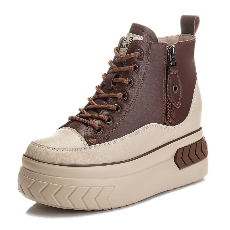 High Top Women Shoes Genuine leather 8cm Platform Boots Wedge Hidden Heel Zip Spring Autumn Warm Fur Winter Shoes Sneakers