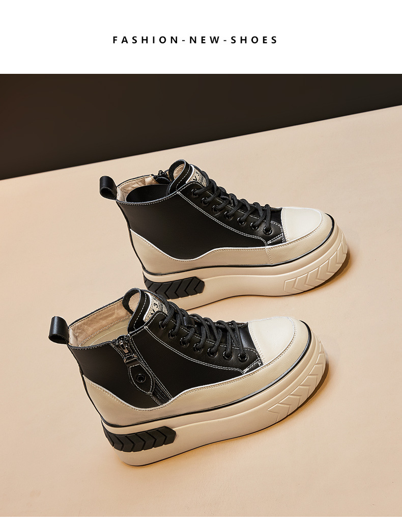 High Top Women Shoes Genuine leather 8cm Platform Boots Wedge Hidden Heel Zip Spring Autumn Warm Fur Winter Shoes Sneakers