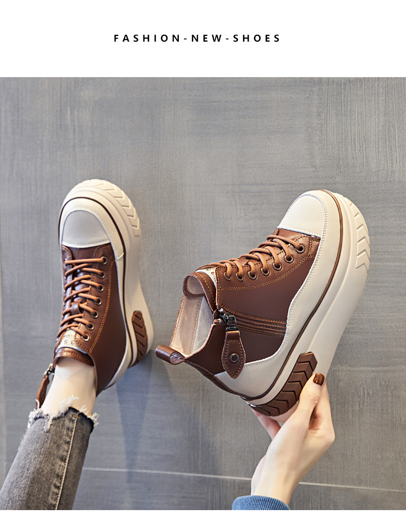 High Top Women Shoes Genuine leather 8cm Platform Boots Wedge Hidden Heel Zip Spring Autumn Warm Fur Winter Shoes Sneakers