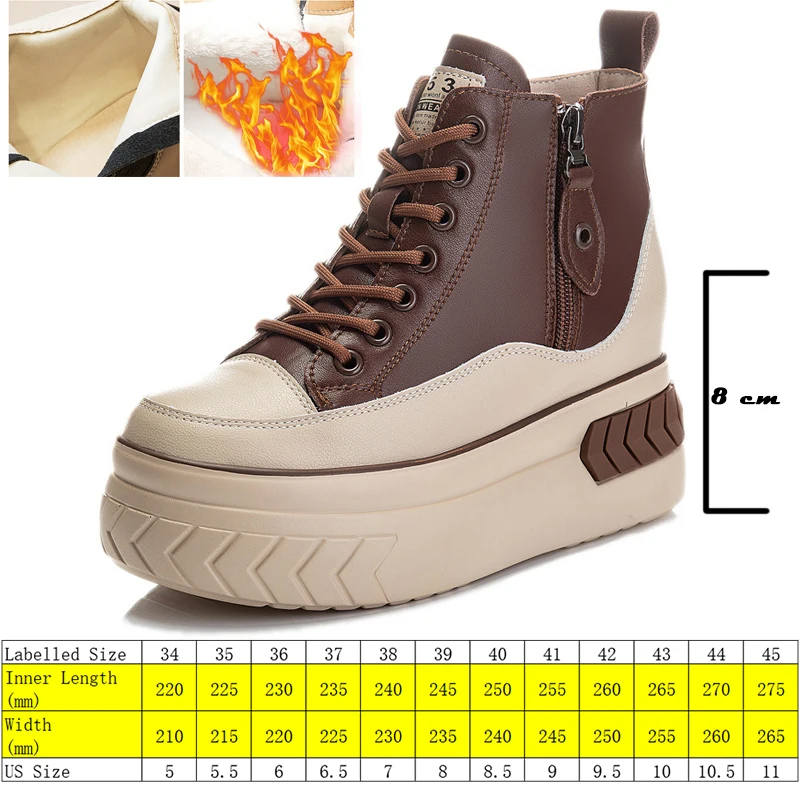 High Top Women Shoes Genuine leather 8cm Platform Boots Wedge Hidden Heel Zip Spring Autumn Warm Fur Winter Shoes Sneakers