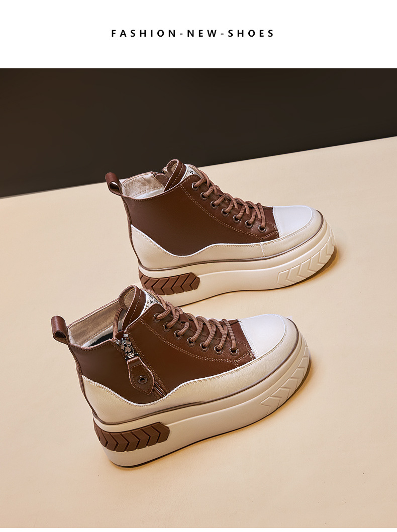 High Top Women Shoes Genuine leather 8cm Platform Boots Wedge Hidden Heel Zip Spring Autumn Warm Fur Winter Shoes Sneakers