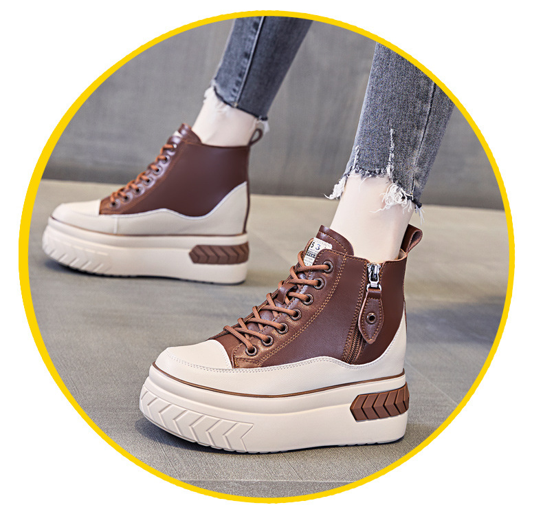 High Top Women Shoes Genuine leather 8cm Platform Boots Wedge Hidden Heel Zip Spring Autumn Warm Fur Winter Shoes Sneakers