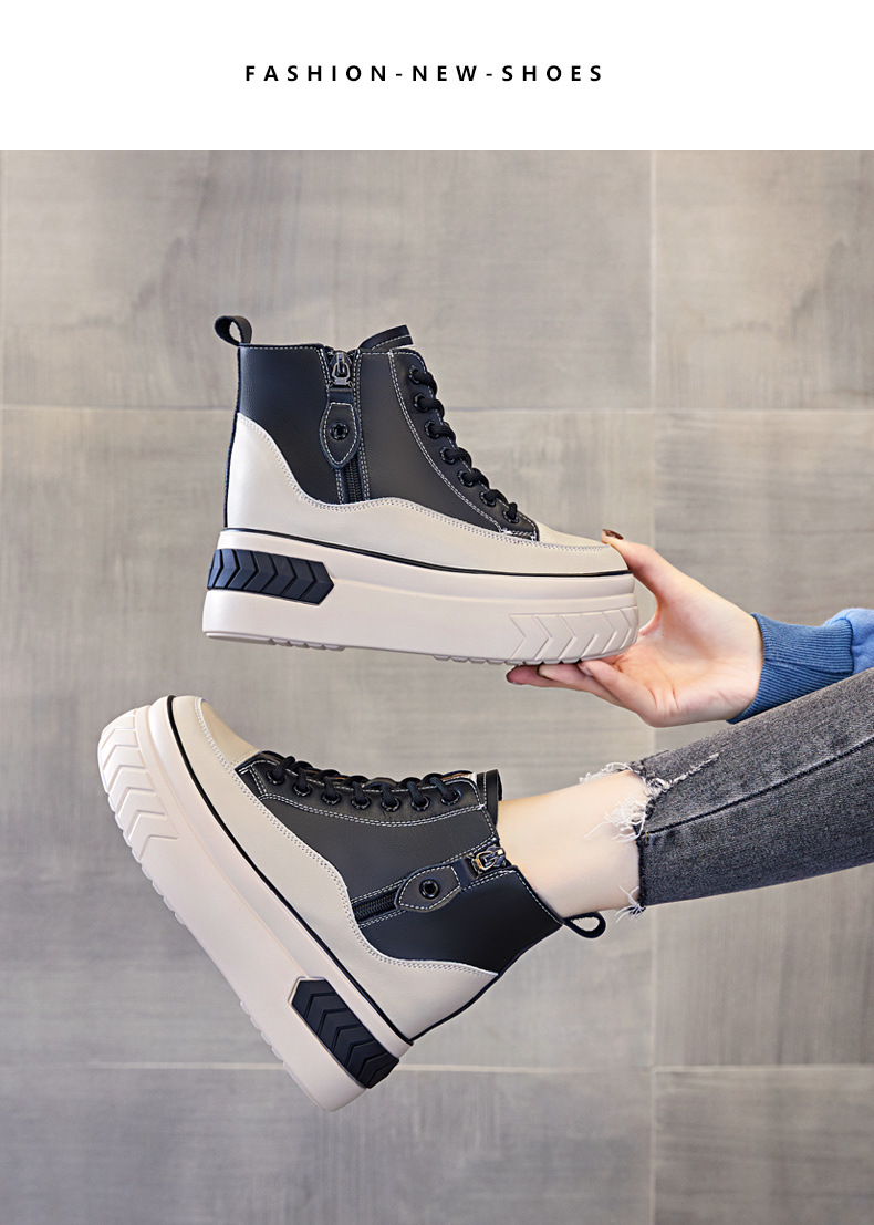 High Top Women Shoes Genuine leather 8cm Platform Boots Wedge Hidden Heel Zip Spring Autumn Warm Fur Winter Shoes Sneakers
