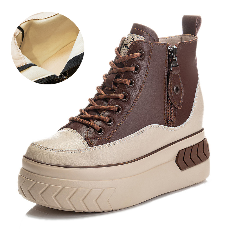 High Top Women Shoes Genuine leather 8cm Platform Boots Wedge Hidden Heel Zip Spring Autumn Warm Fur Winter Shoes Sneakers