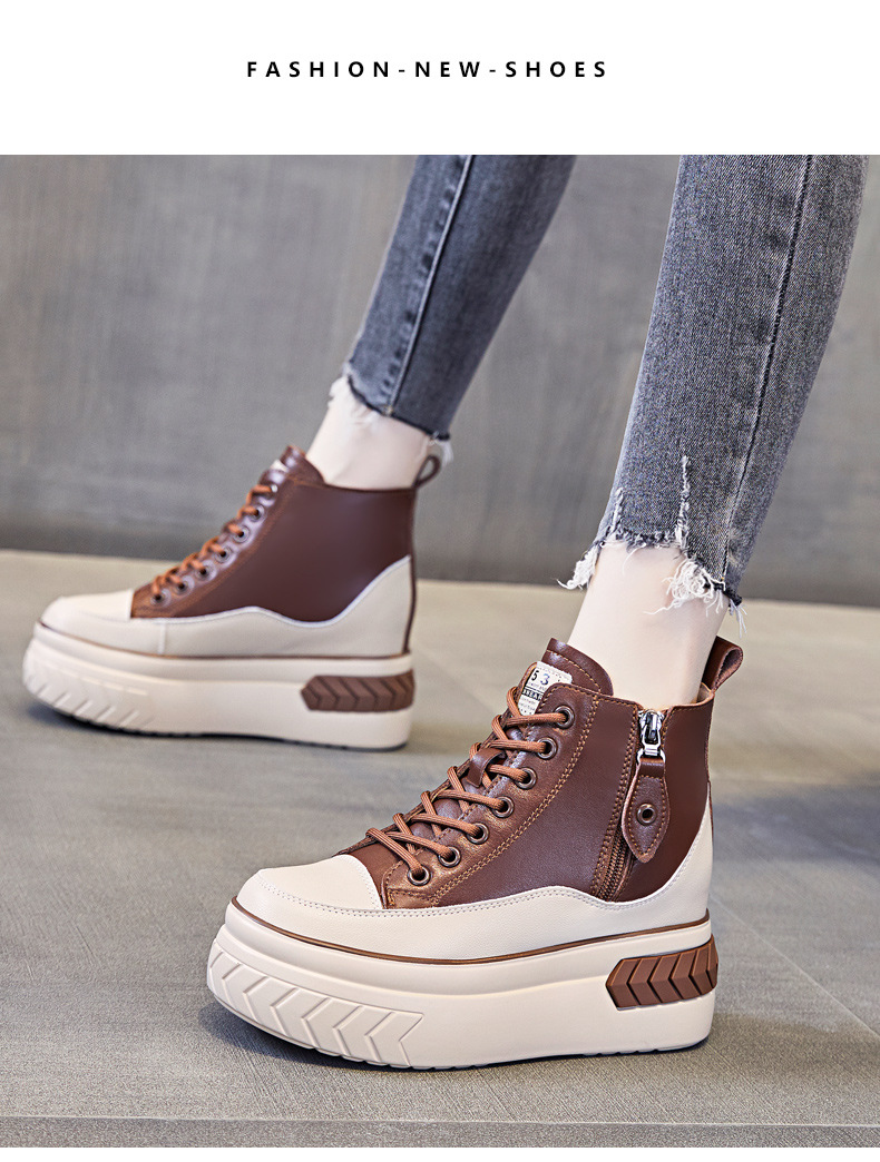 High Top Women Shoes Genuine leather 8cm Platform Boots Wedge Hidden Heel Zip Spring Autumn Warm Fur Winter Shoes Sneakers