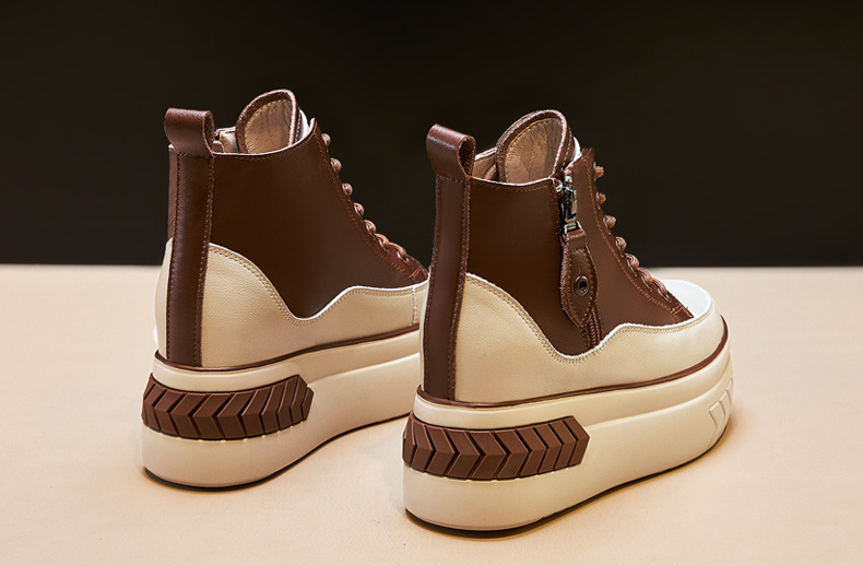 High Top Women Shoes Genuine leather 8cm Platform Boots Wedge Hidden Heel Zip Spring Autumn Warm Fur Winter Shoes Sneakers