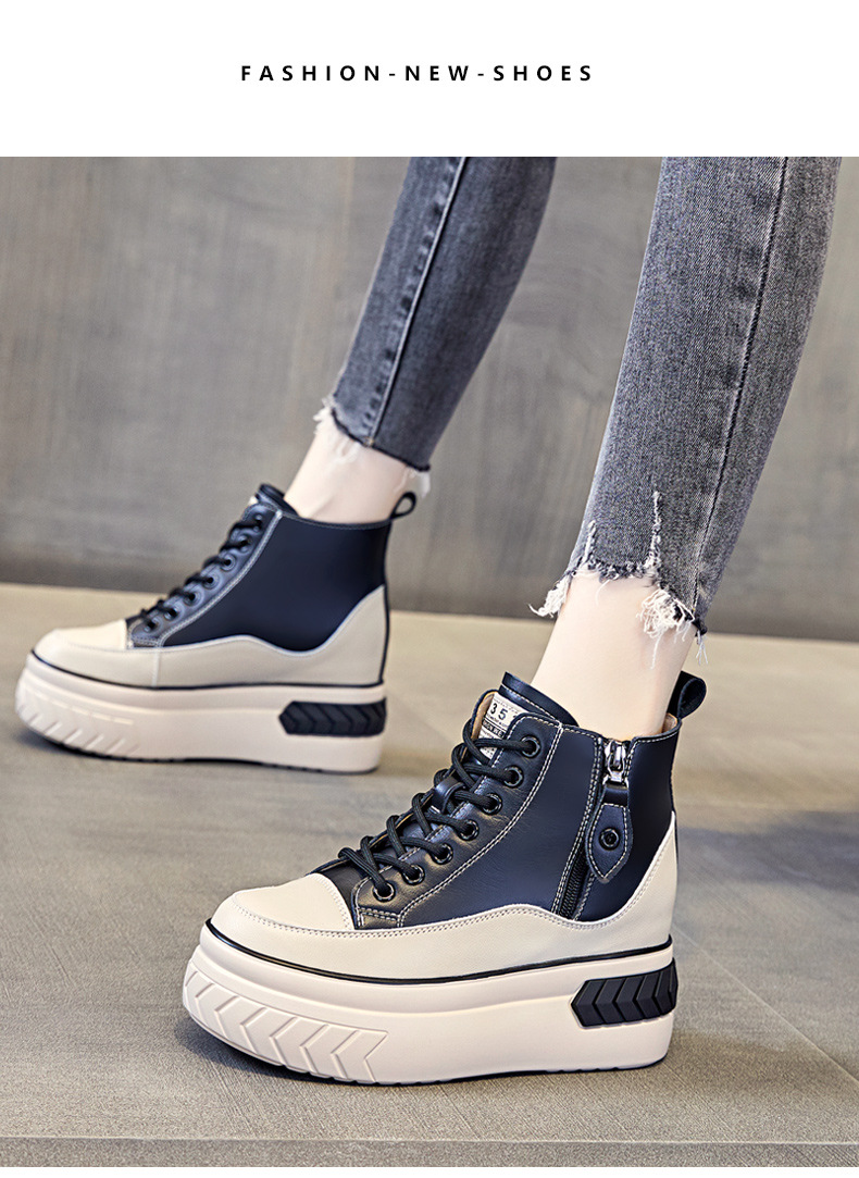 High Top Women Shoes Genuine leather 8cm Platform Boots Wedge Hidden Heel Zip Spring Autumn Warm Fur Winter Shoes Sneakers