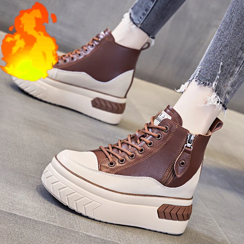 High Top Women Shoes Genuine leather 8cm Platform Boots Wedge Hidden Heel Zip Spring Autumn Warm Fur Winter Shoes Sneakers
