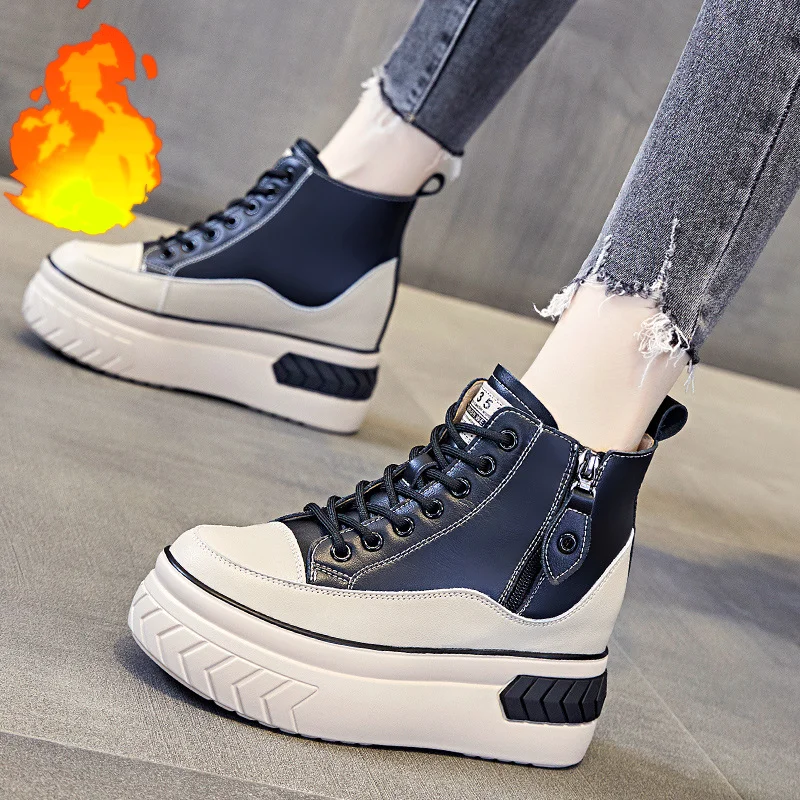 High Top Women Shoes Genuine leather 8cm Platform Boots Wedge Hidden Heel Zip Spring Autumn Warm Fur Winter Shoes Sneakers