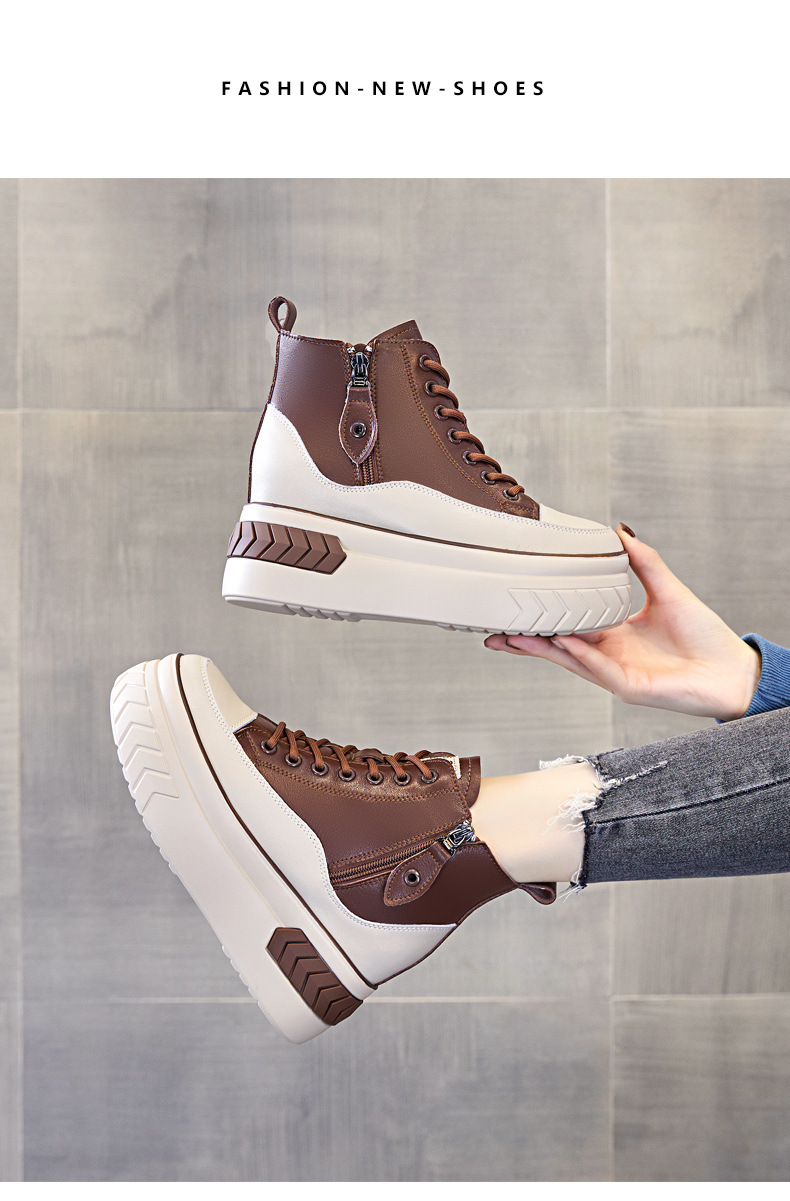 High Top Women Shoes Genuine leather 8cm Platform Boots Wedge Hidden Heel Zip Spring Autumn Warm Fur Winter Shoes Sneakers