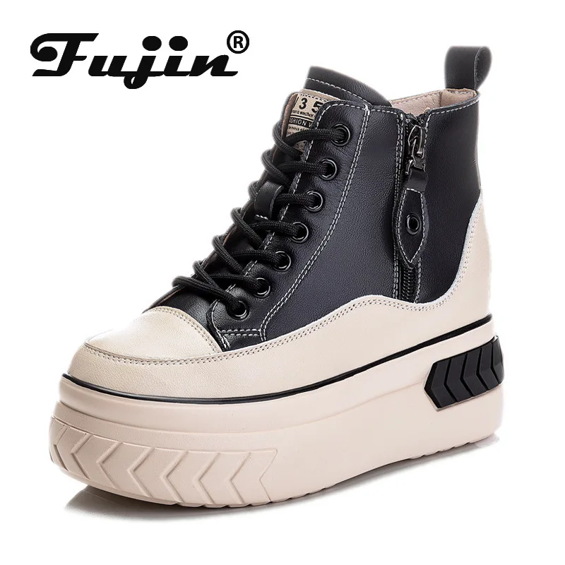High Top Women Shoes Genuine leather 8cm Platform Boots Wedge Hidden Heel Zip Spring Autumn Warm Fur Winter Shoes Sneakers
