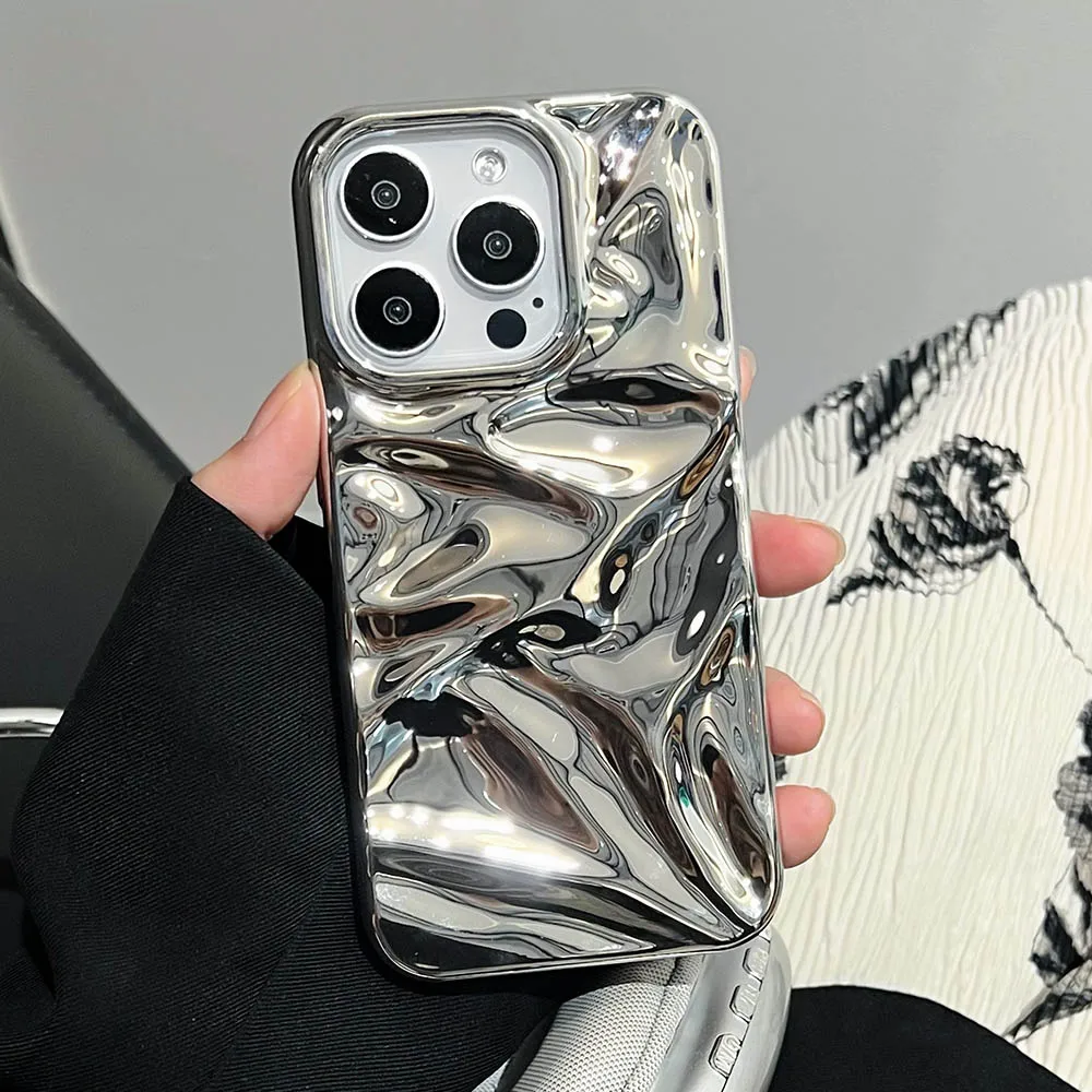 Luxury Electroplate Silvery 3D Wrinkle Phone Case For iphone 17 16 15 14 13 11 12 Pro Max 17Air Purple Water Ripple Soft Cover