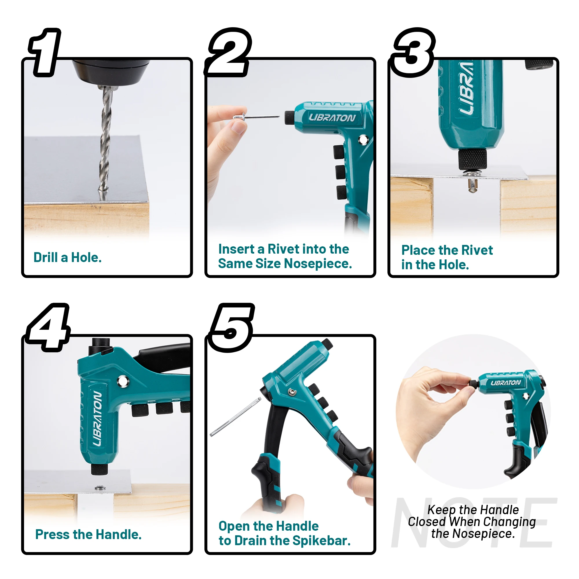 LIBRATON One-Handed Rivet Gun Set with 180 Rivets for Metal 4 Drill Bits 4 Heads Professional Hand Riveter Manual Riveting