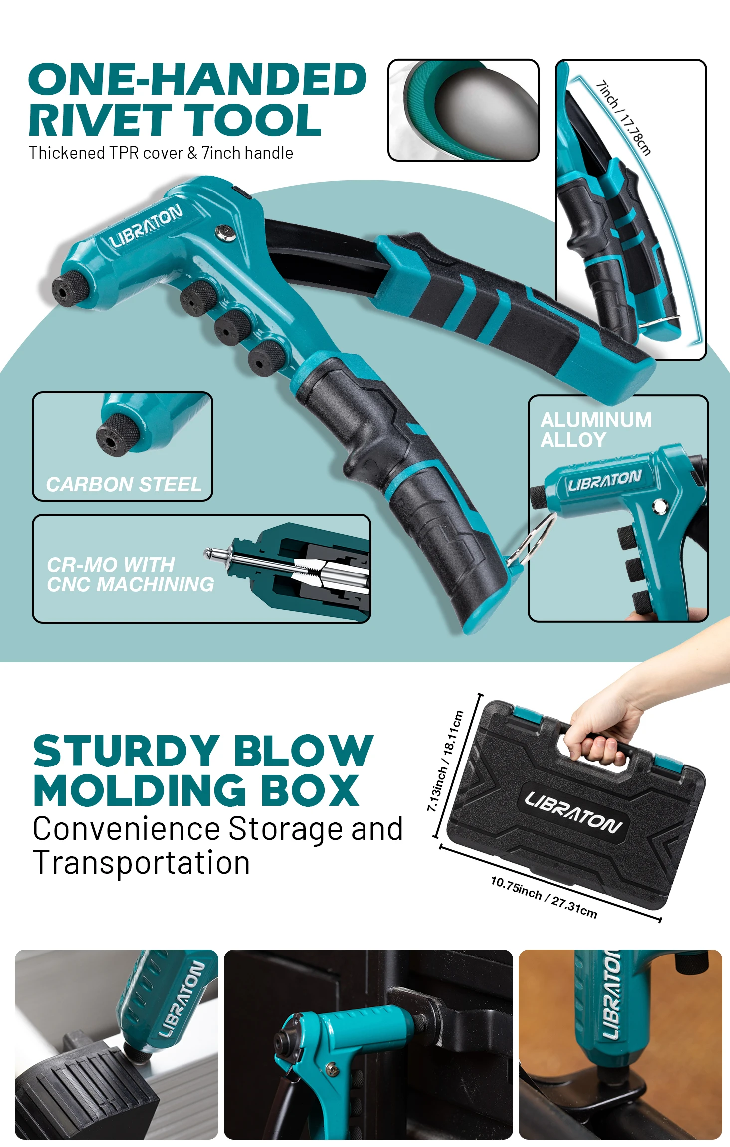 LIBRATON One-Handed Rivet Gun Set with 180 Rivets for Metal 4 Drill Bits 4 Heads Professional Hand Riveter Manual Riveting