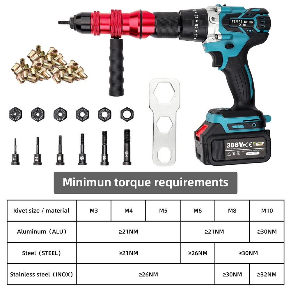 Electric Rivet Nut Gun Riveting AdapterM3 M4 M5 M6 M8 M10 Insert Rivet Nut Tool Cordless for Electric Drill Manual Riveting Tool