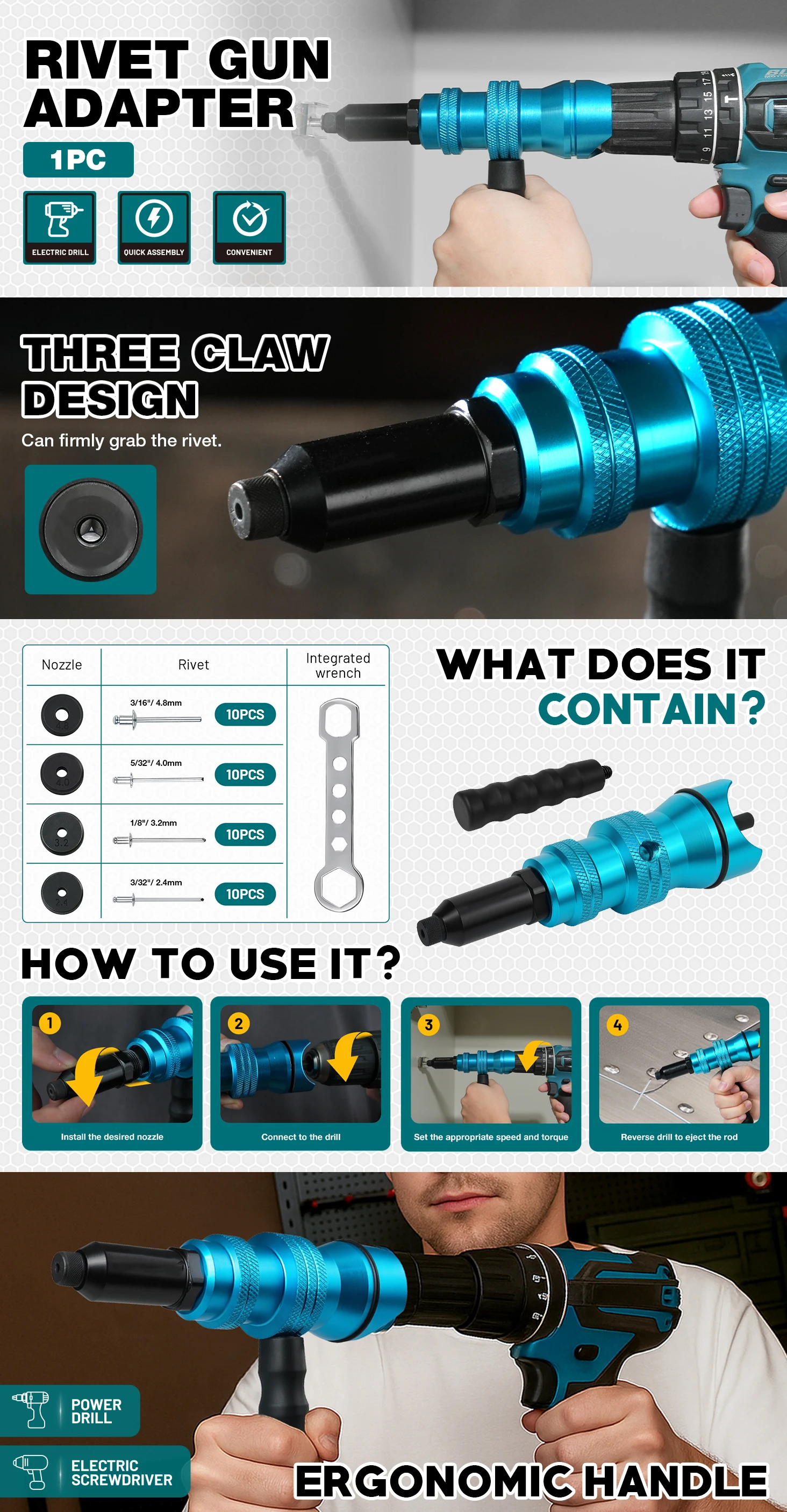 Rivet Gun Adapter Rivet Attachment for Electric Drill and Cordless Electric Power Drill Easy Processing for Pop Rivets