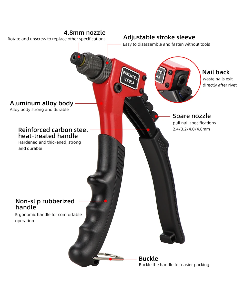 BT-958 Hand Rivet Nails Gun Manual Blind Rivets Riveter Gun Riveting Rivet Tool For 2.4mm 3.0mm 4.0mm 4.8mm