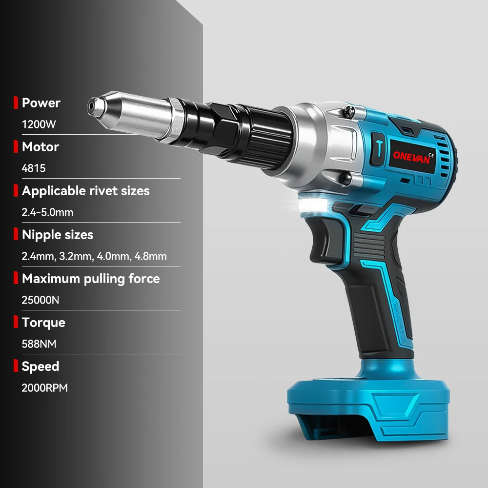 ONEVAN 25000N Brushless Electric Rivet Gun 588N.M 2.4-5.0mm Cordless Portable Riveting Drill Power Tool For Makita Battery Pin