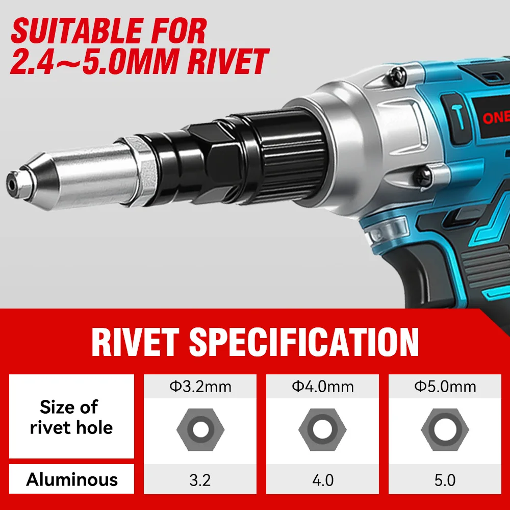 ONEVAN 25000N Brushless Electric Rivet Gun 588N.M 2.4-5.0mm Cordless Portable Riveting Drill Power Tool For Makita Battery Pin
