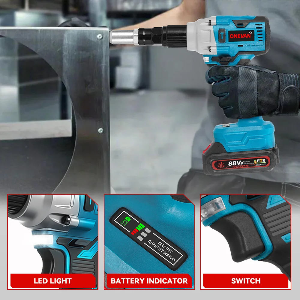 ONEVAN 25000N Brushless Electric Rivet Gun 588N.M 2.4-5.0mm Cordless Portable Riveting Drill Power Tool For Makita Battery Pin