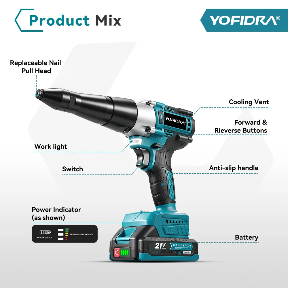 YOFIDRA Brushless Electric Rivet Gun 25000N Cordless Riveting Drill Nut Gun Metal Fastening Tool For Makita 21V Battery Pin
