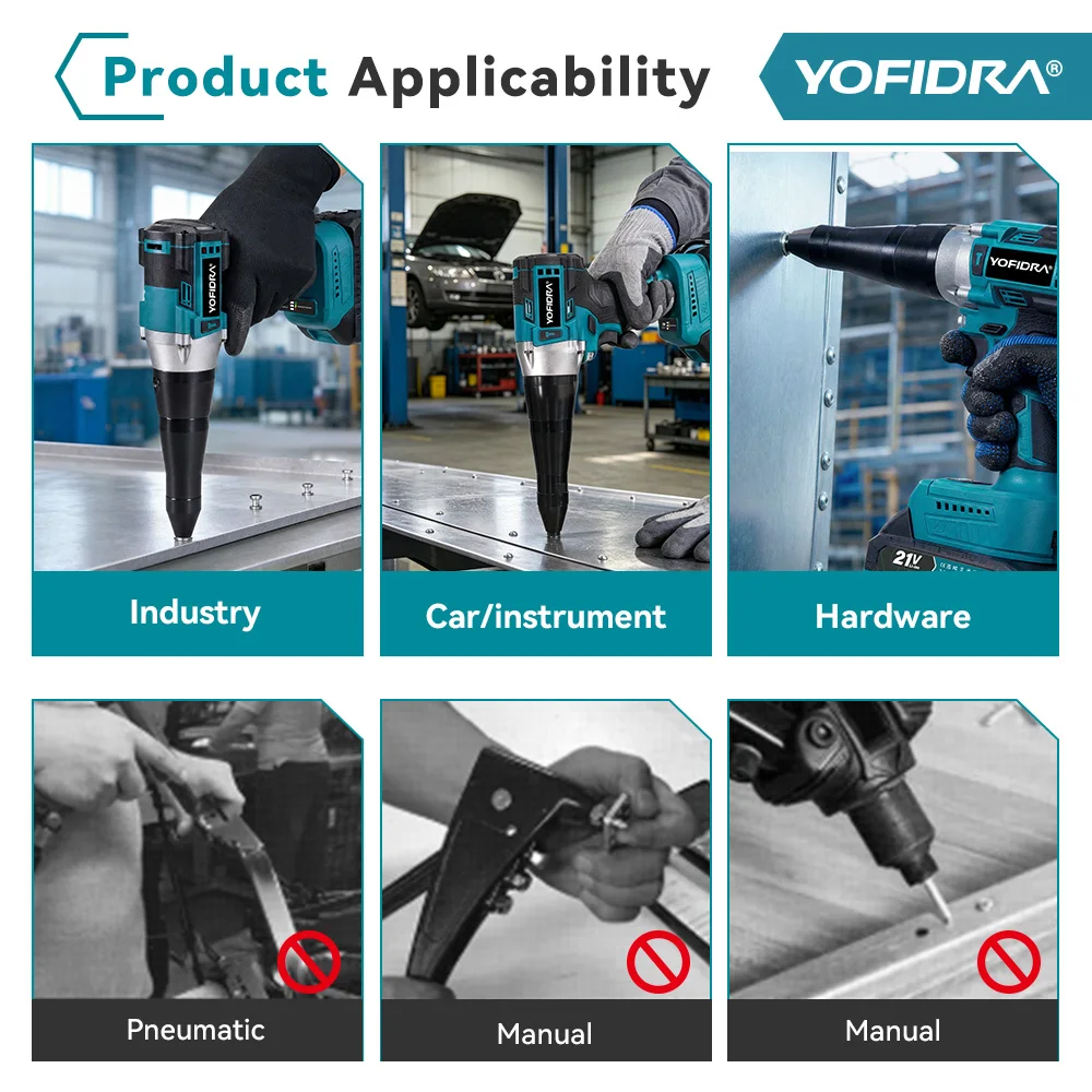 YOFIDRA Brushless Electric Rivet Gun 25000N Cordless Riveting Drill Nut Gun Metal Fastening Tool For Makita 21V Battery Pin