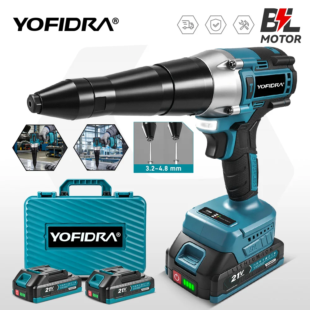 YOFIDRA Brushless Electric Rivet Gun 25000N Cordless Riveting Drill Nut Gun Metal Fastening Tool For Makita 21V Battery Pin