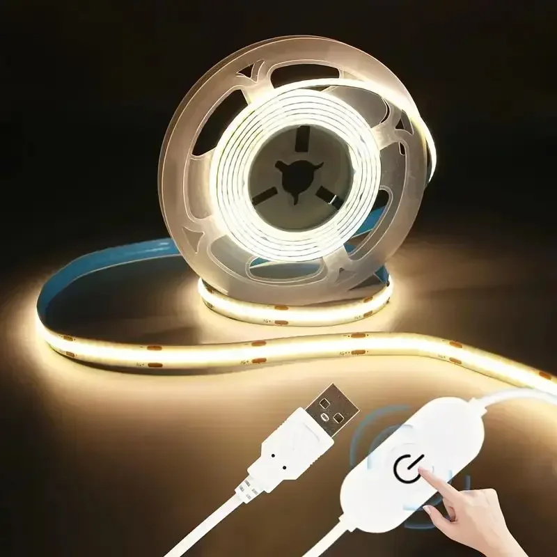 USB 5V LED Strip Light COB Touch Dimmer Control Lamp High Density RA90 Flexible Tape Lights 320Leds/m For Home Cabinet Decor