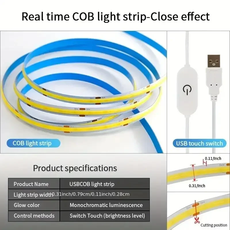 1-5M USB Power COB LED Strip Light Touch Switch Dimmable For Indoor Lighting Living Room Bedroom Wardrobe TV Background Kitchen